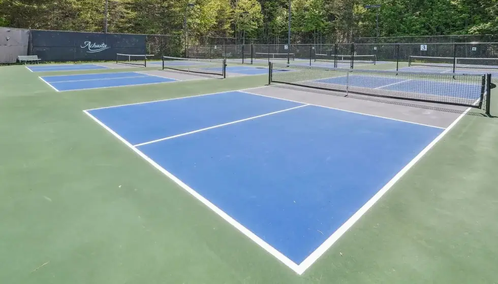 Close view of a blue Achasta pickleball court and its black net, with the Achasta windscreen, more nets and light poles behind