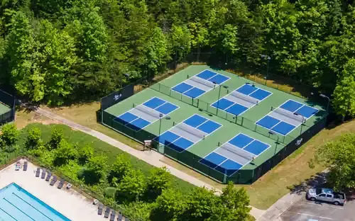 Aerial view of the Achasta pickleball courts: two fenced rows of blue courts with nets, ringed by hardwood forest