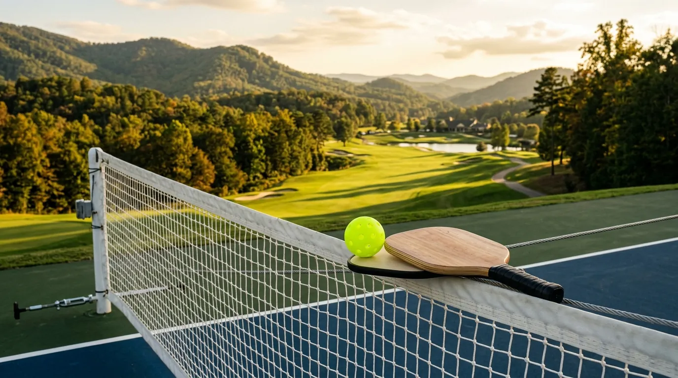 A bright pickleball and paddle rest on an outdoor court's net, overlooking manicured golf fairways and scenic, tree-covered hills under golden sunlight