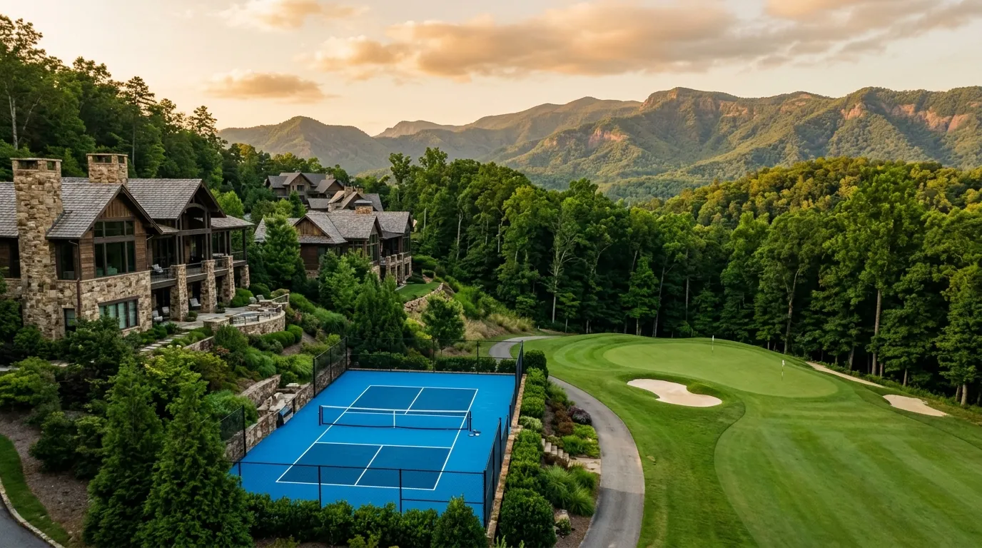 Luxury residential homes overlook a vibrant blue pickleball court situated directly beside a manicured golf course green