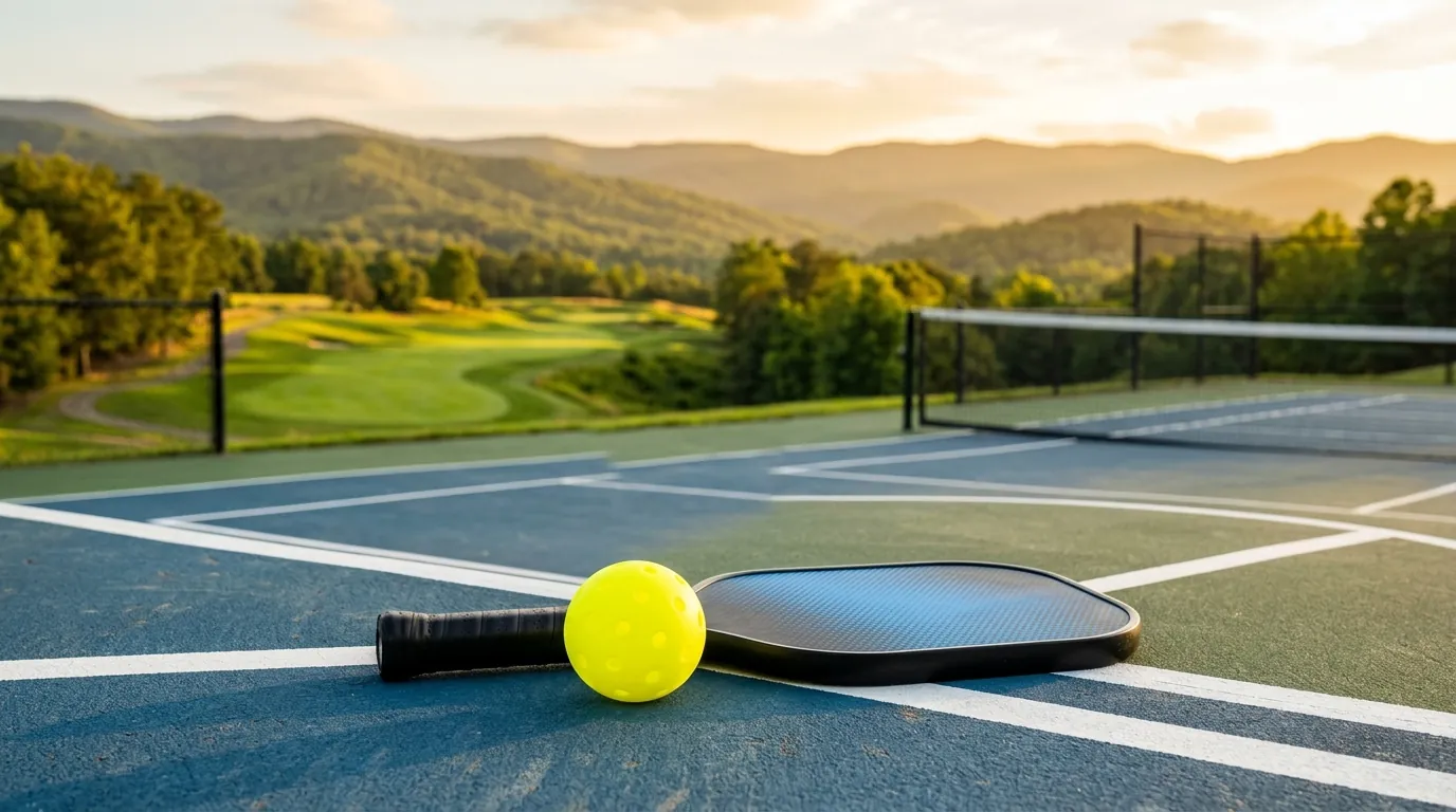 A yellow pickleball rests near a paddle on a court, with a manicured golf fairway and rolling hills fading into the background