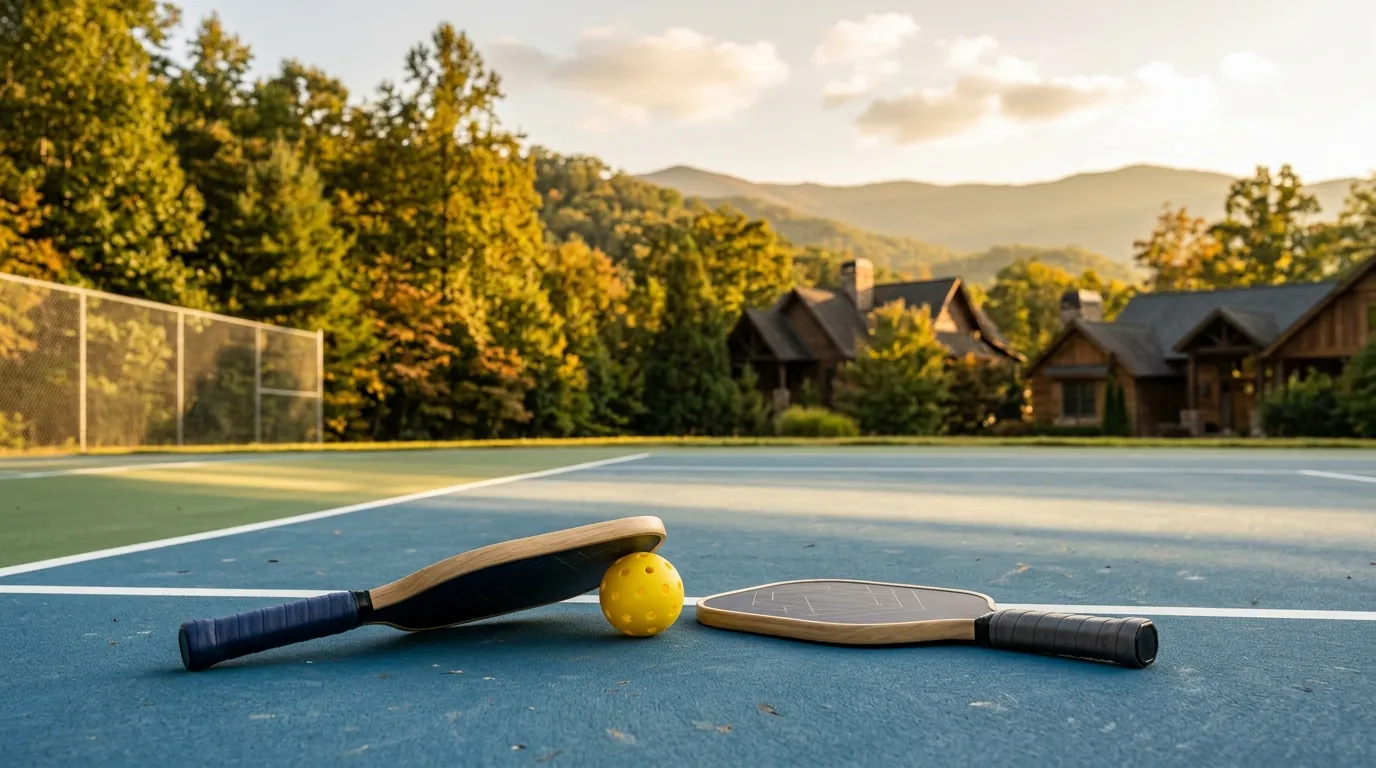 Two pickleball paddles and a ball lie on a sunlit court, framed by lush trees and peaceful residential homes in the background