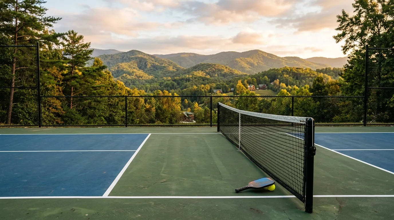 A sunny outdoor pickleball court framed by rolling mountain hills and distant homes, with a paddle and ball resting near the net