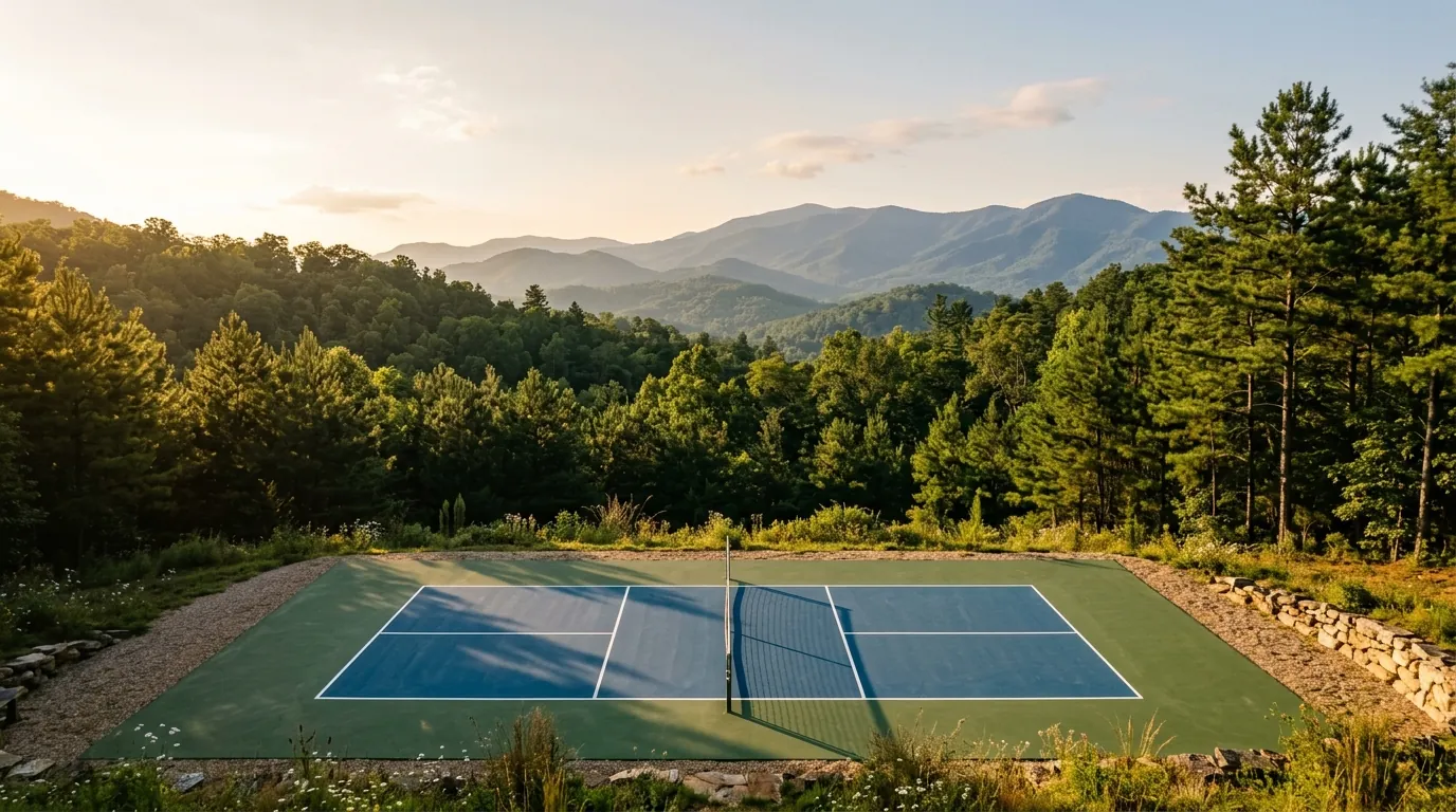 A pristine outdoor pickleball court bathed in sunlight, framed by lush pine trees and distant, hazy blue mountain ridges