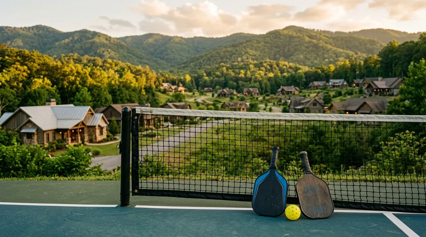 Two pickleball paddles and a yellow ball beside a court net, overlooking charming single-story homes nestled against forested, rolling mountain hills