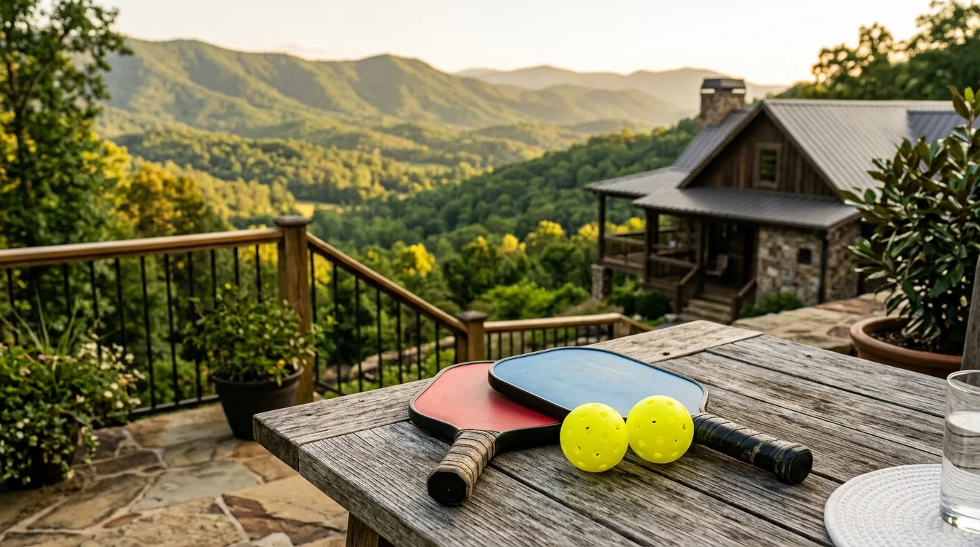 Pickleball paddles and vibrant yellow balls rest on a sunlit terrace table, with rolling green hills and a mountain-style residence in the background