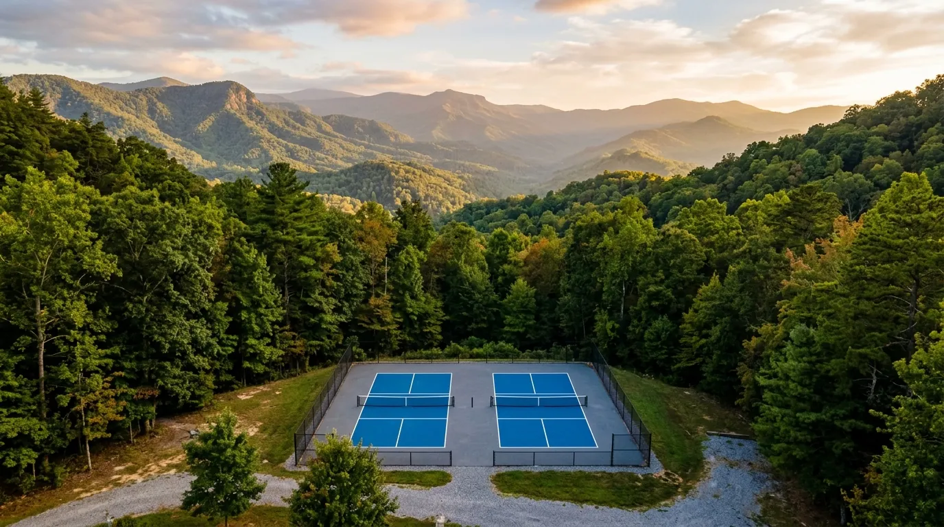 Sunlit blue pickleball courts with crisp white lines sit framed by lush green forests and rolling, misty mountain peaks