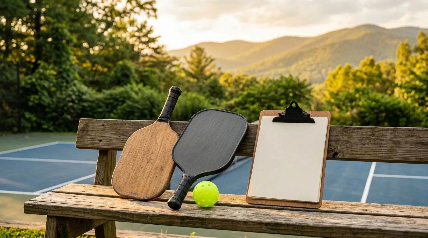 Pickleball paddles, a neon ball, and a clipboard with a blank registration form rest on a sunny court bench near lush greenery