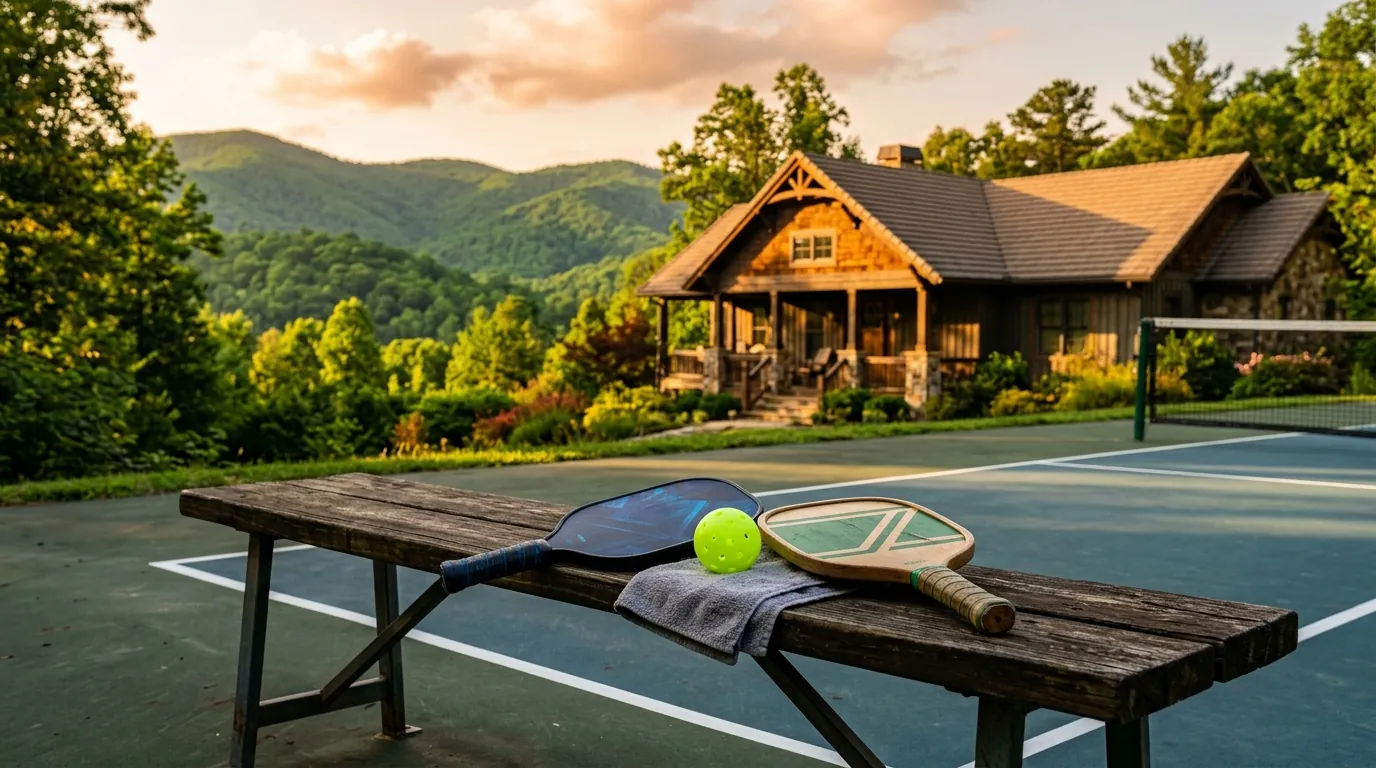 Pickleball paddles and a ball rest on a court bench, with a sunlit craftsman-style home and scenic green hills in the background