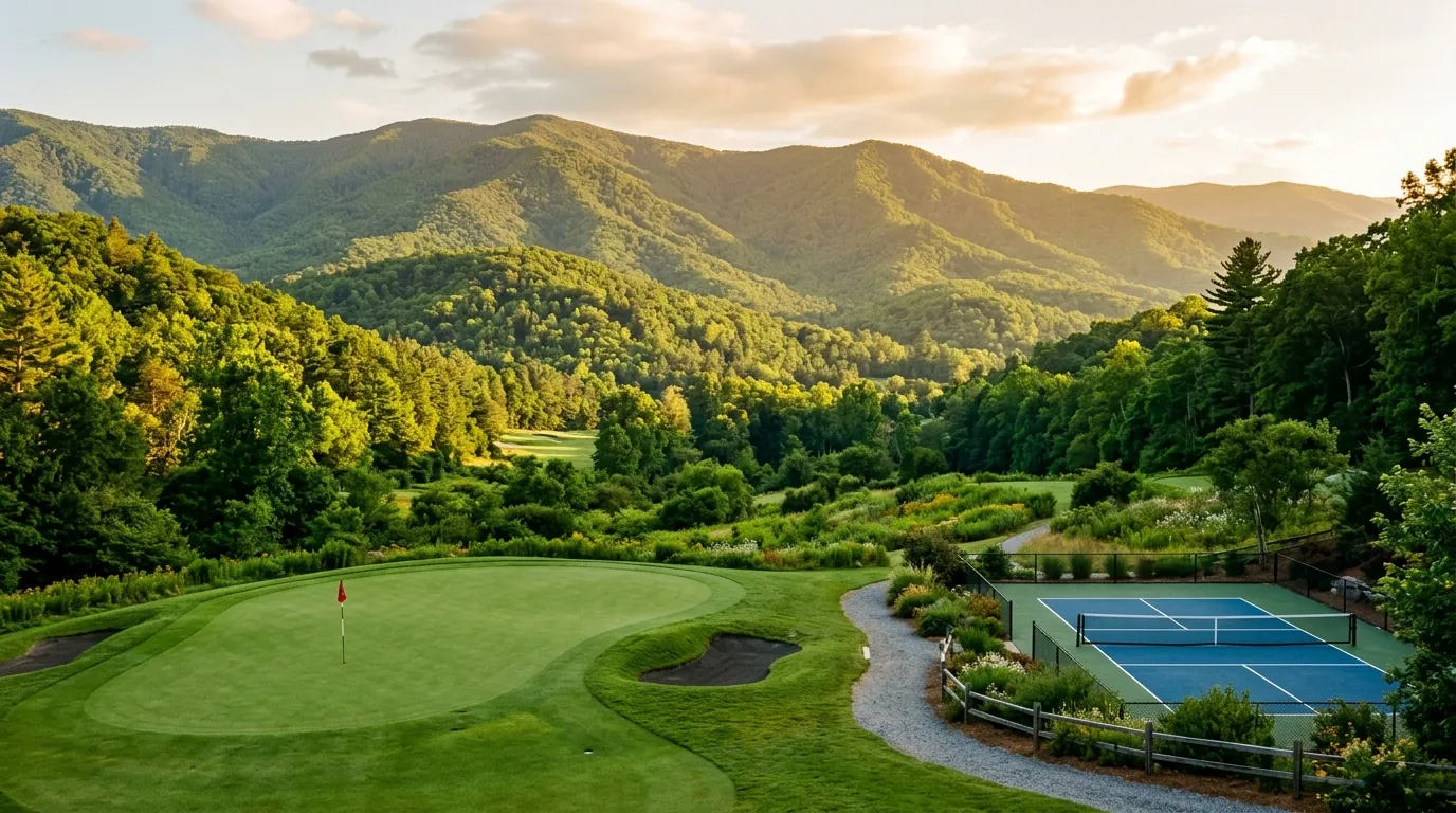 A manicured golf green and net-lined pickleball court rest in a sunlit valley, framed by lush, rolling mountain peaks