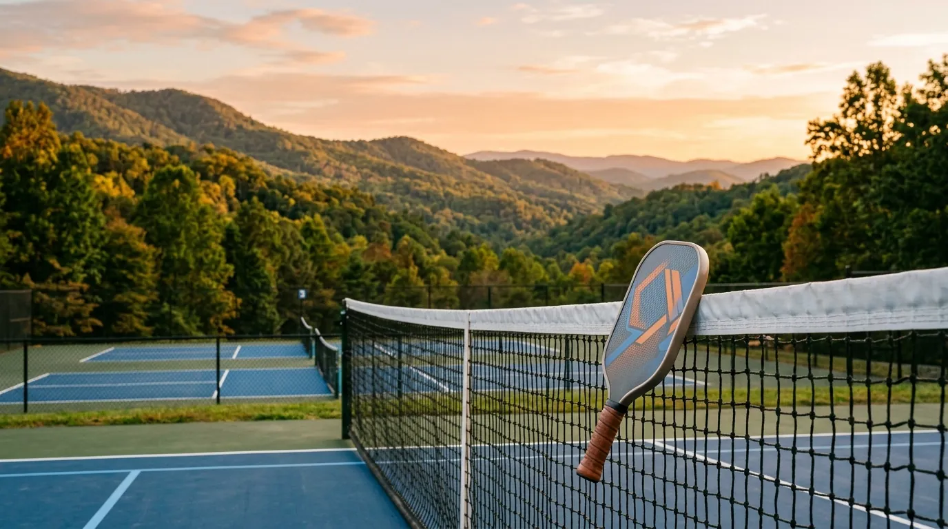 A pickleball paddle leaning against a net, overlooking vibrant outdoor courts framed by rolling, tree-covered mountain slopes under an open sky