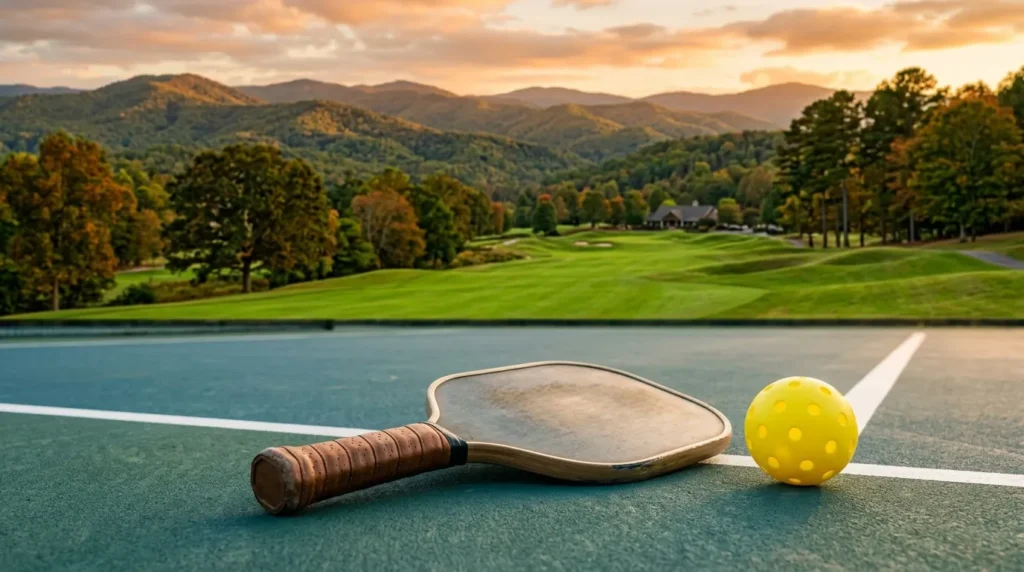A pickleball paddle and yellow ball rest on a court surface, with a manicured golf fairway and rolling hills visible in the background