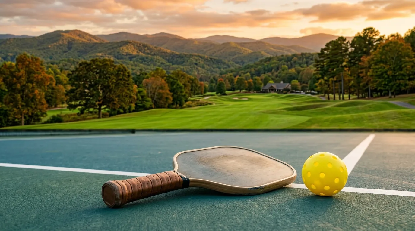 A pickleball paddle and yellow ball rest on a court surface, with a manicured golf fairway and rolling hills visible in the background