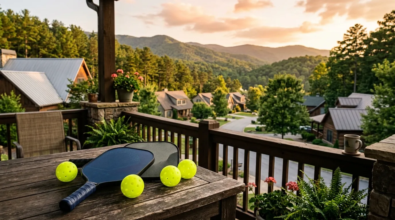 Pickleball paddles and neon balls rest on a suburban porch table, overlooking quiet residential houses nestled among pine-covered mountain ridges