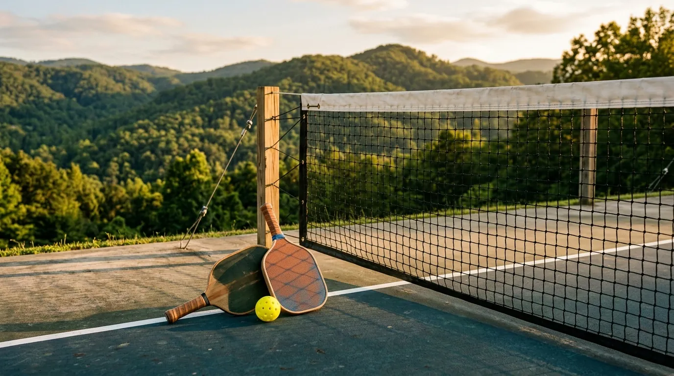 Two pickleball paddles and a yellow ball sit on a sunlit outdoor court next to a net, framed by lush, forested mountain hills