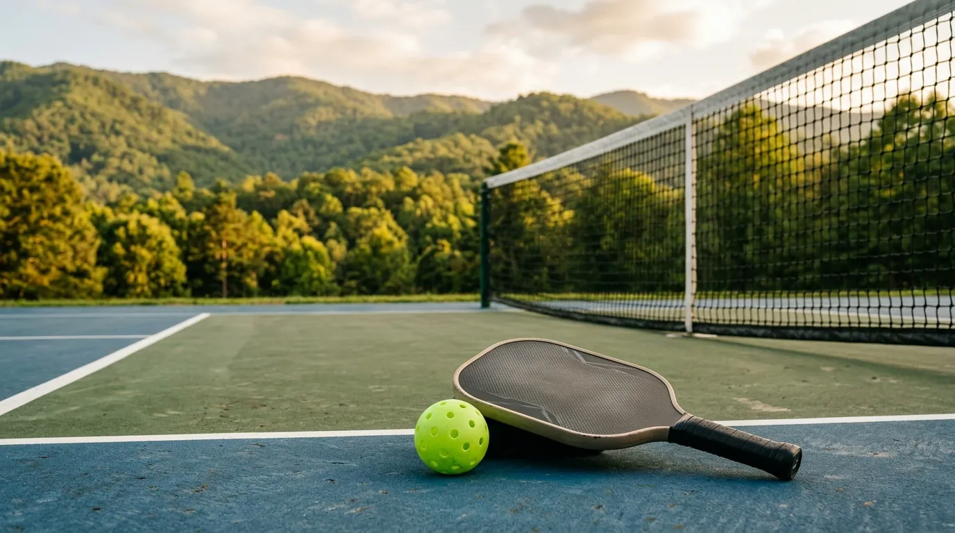 A pickleball and paddle sit on a sunlit court surface near a net, with lush mountain trees in the background